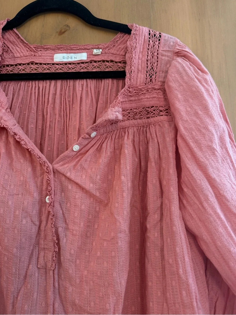Doen Rose-Pink Cotton Peasant Dress with Lace Trim